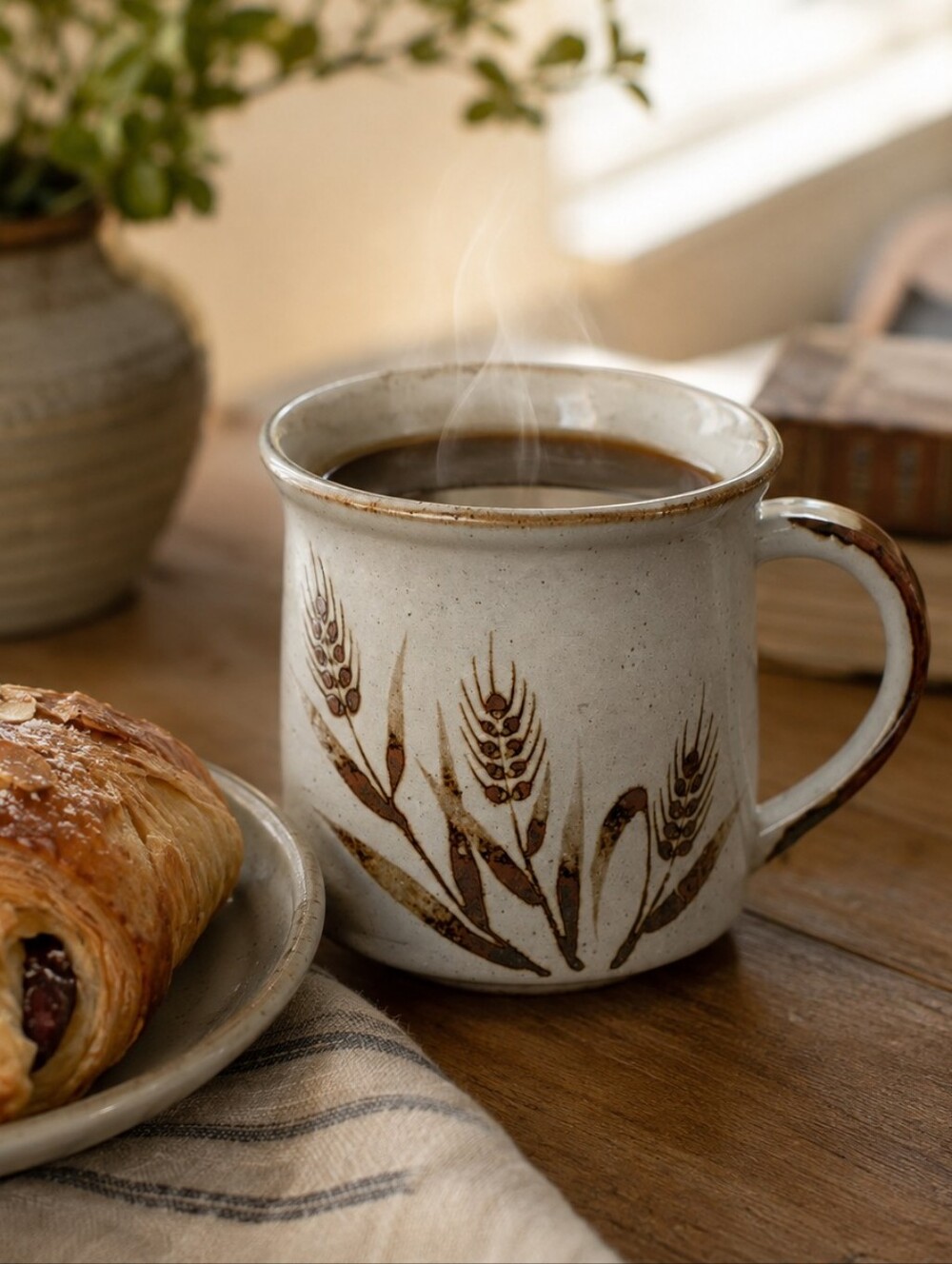 Handcrafted Wheat Motif Ceramic Mug Mid-century Vintage Stoneware